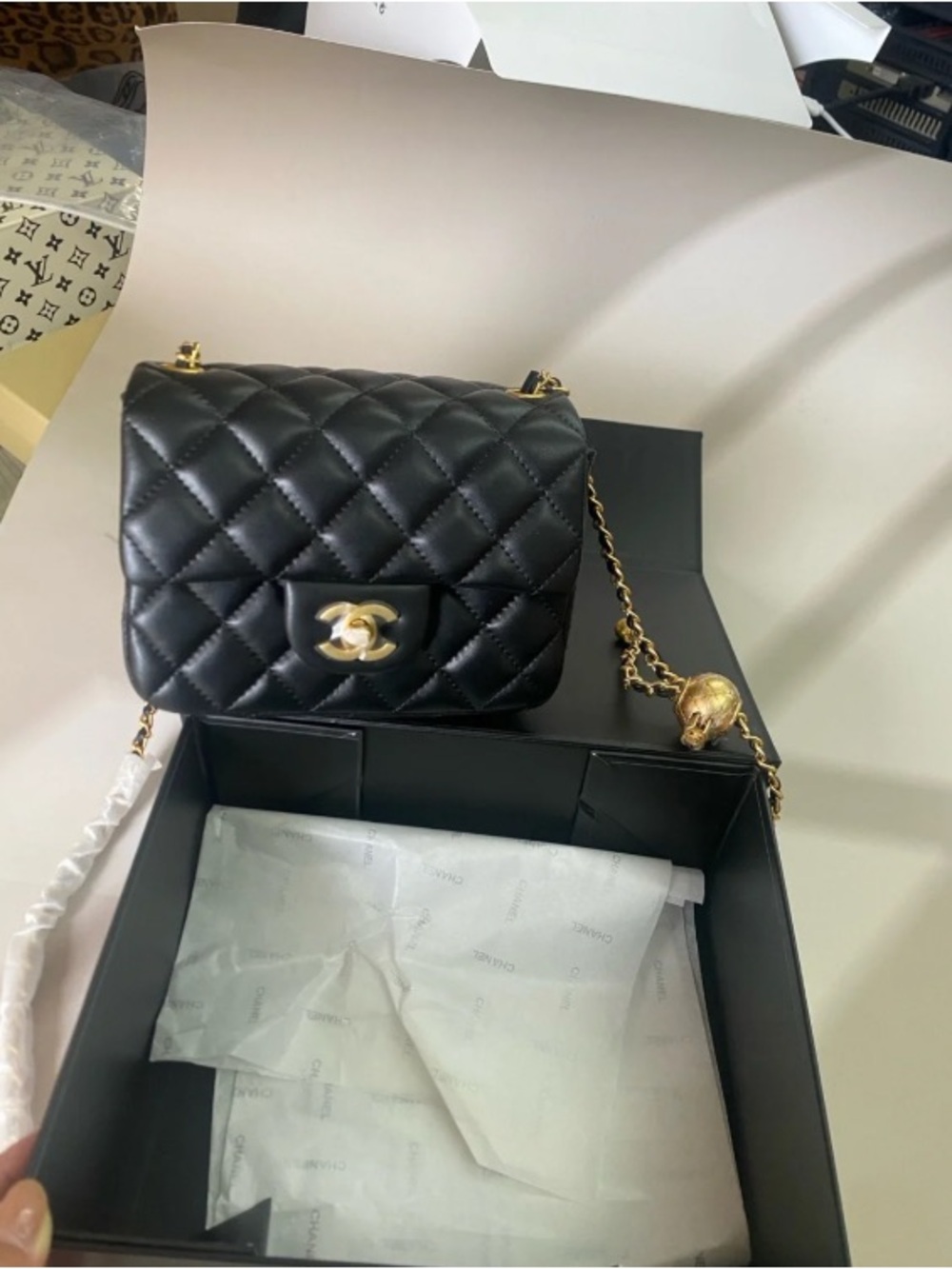Black Quilted Chain Crossbody Bag with Gold Hardware